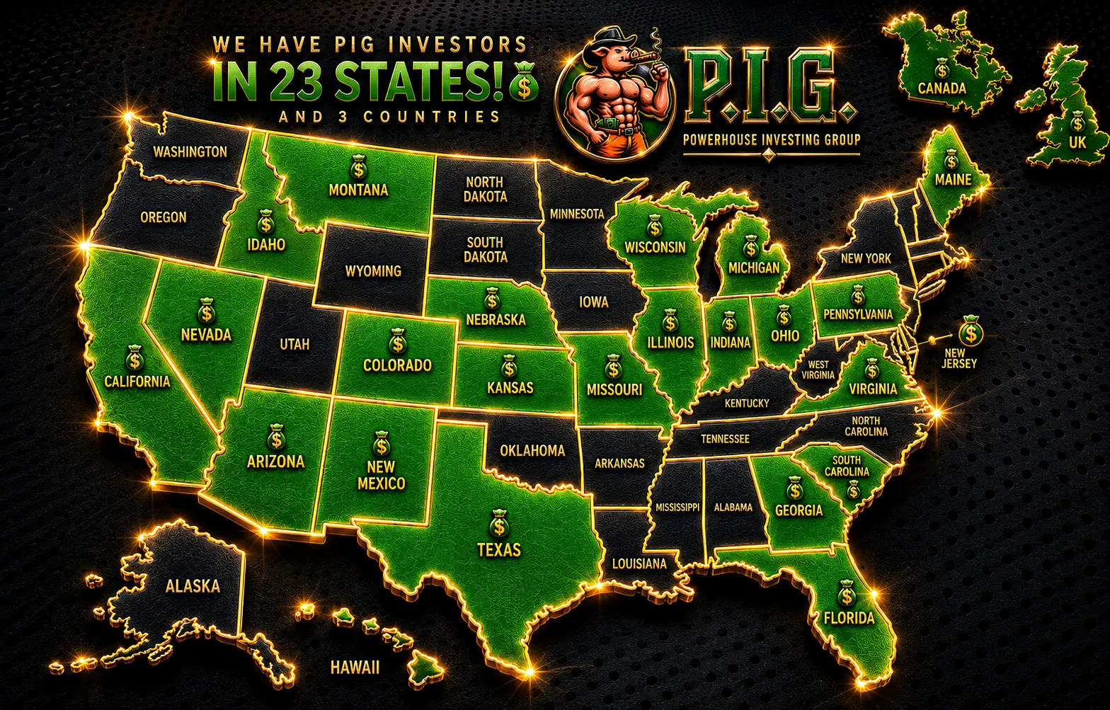Map showing Powerhouse Investing Group investors across 23 states and 3 countries