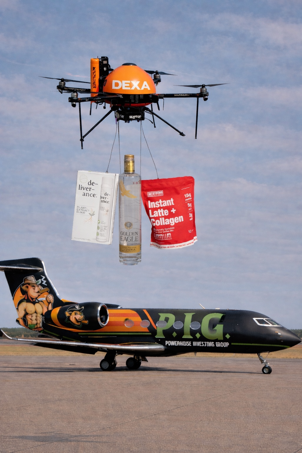 P.I.G. jet on the tarmac with a Dexa drone delivering portfolio products