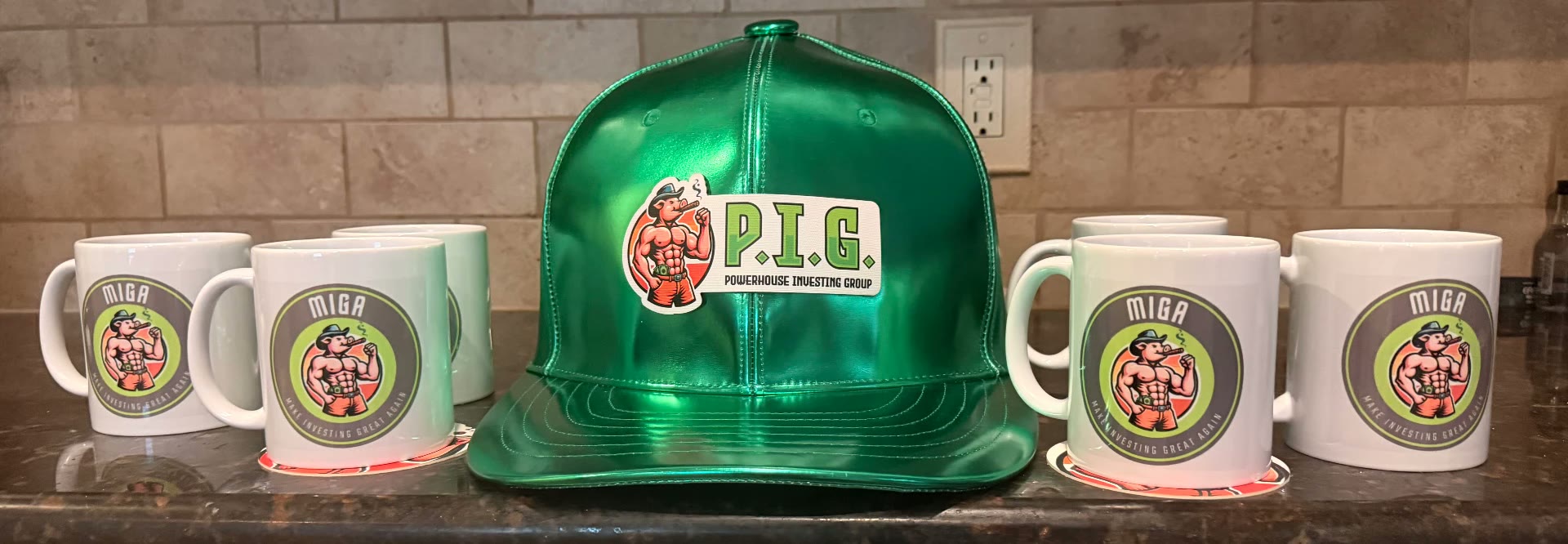 P.I.G. hat and MIGA mugs merchandise